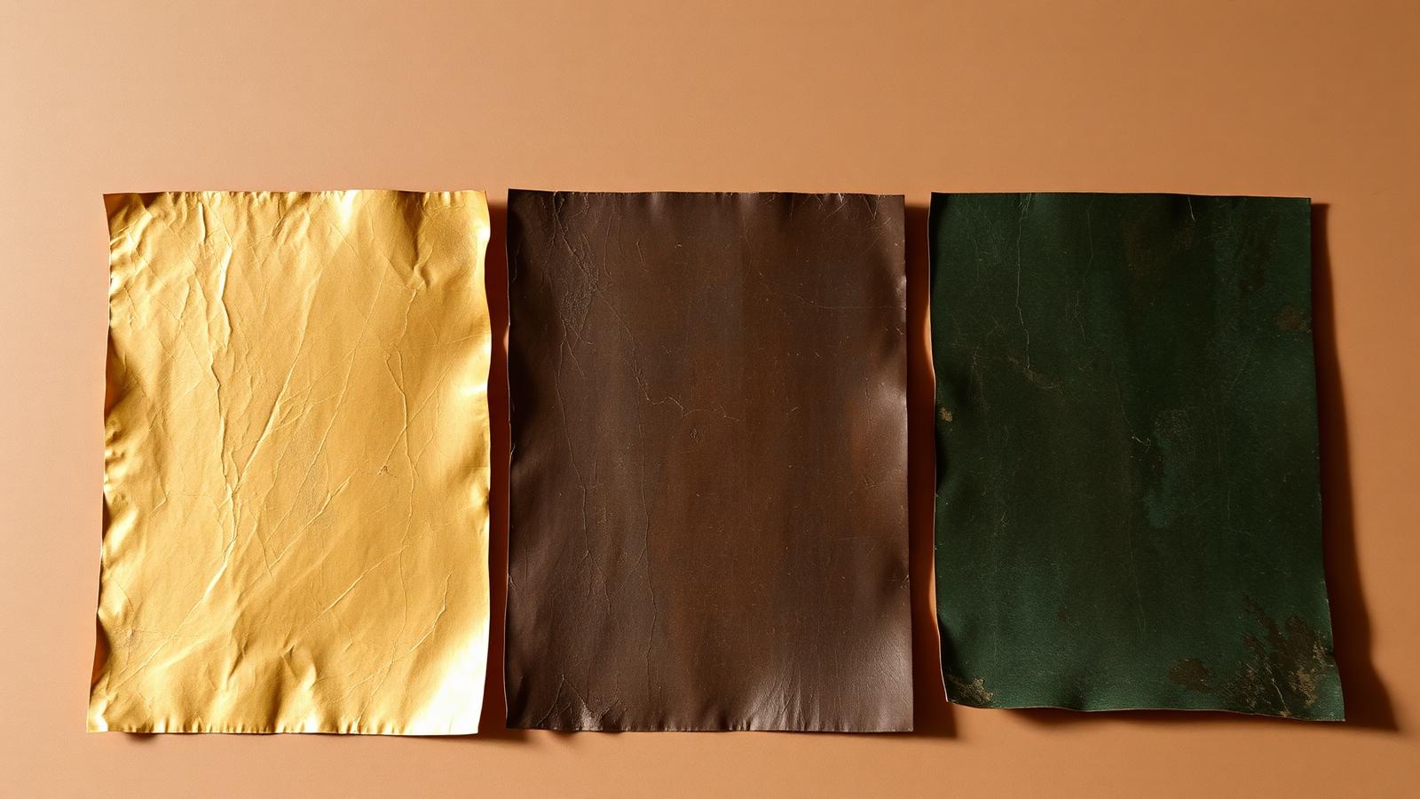 Tre campioni di bronzo che mostrano la patina nel tempo: dorato, brunito, verde ossidato