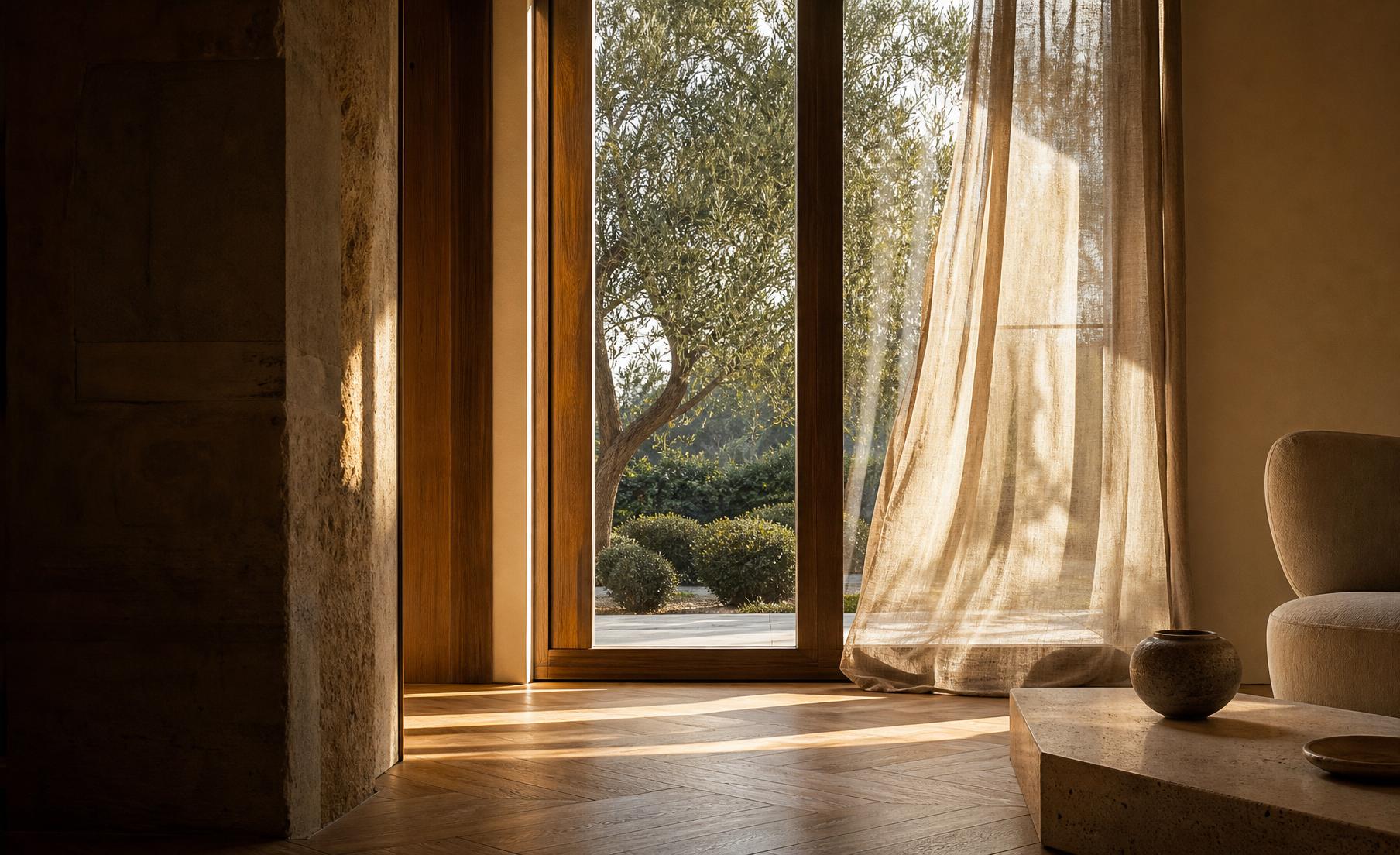 Finestra in legno con luce pomeridiana in un ambiente italiano