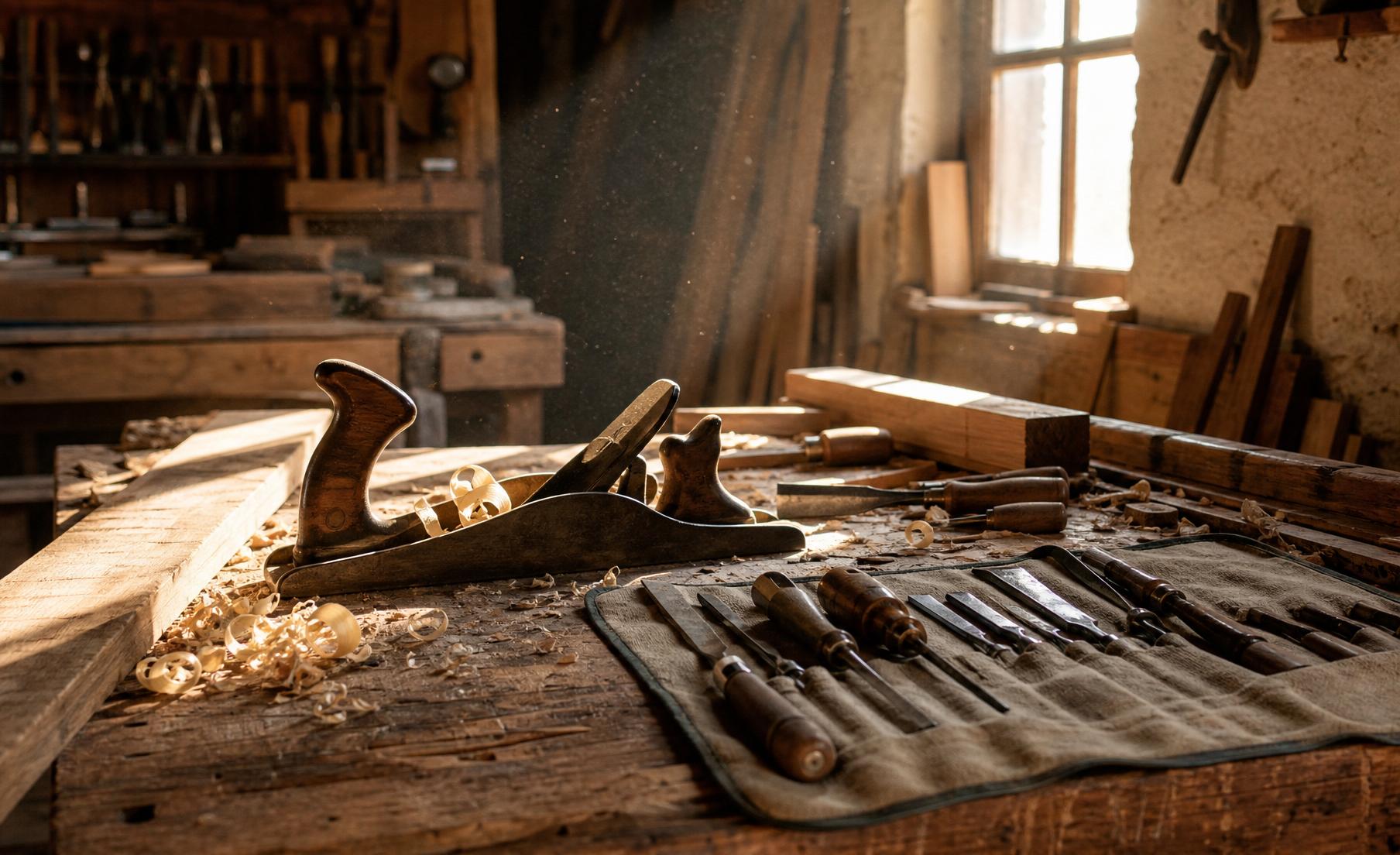 Banco da falegname con pialla e trucioli di legno