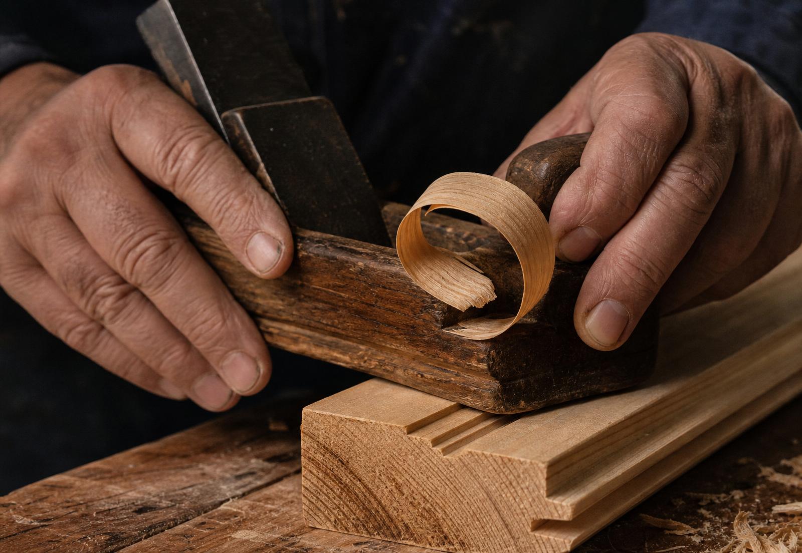 Mani che lavorano un profilo di legno